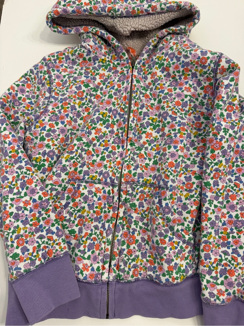 Mini Boden Girls' Floral Zip Sherpa lined Hoodie  Purple Green Orange size 11/12